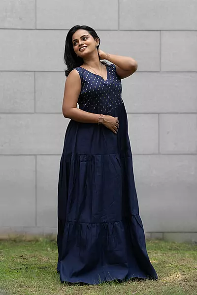 Women Tiered Ethnic Dress - Navy Blue
