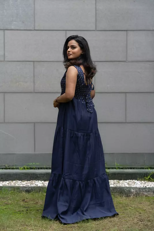 Women Tiered Ethnic Dress - Navy Blue