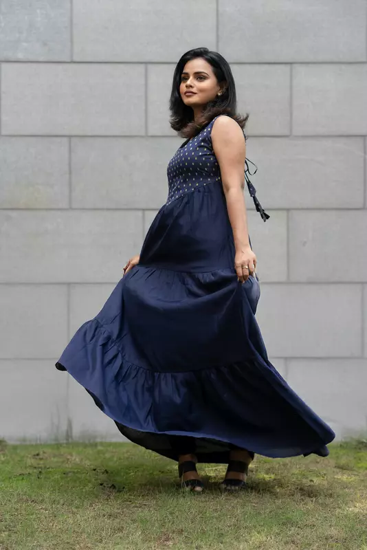 Women Tiered Ethnic Dress - Navy Blue