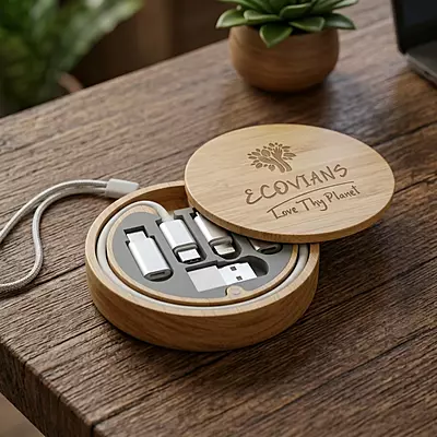 ompact bamboo 3-in-1 multi USB charger cable kit with carrying lanyard
