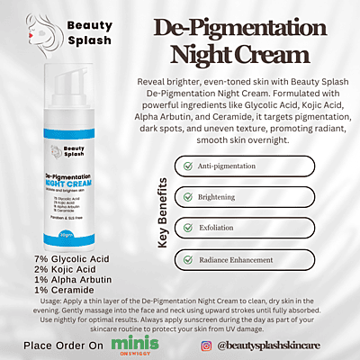 Overnight Glow: De-Pigmentation Night Cream with Glycolic Acid & Kojic Acid for Brightening & Dark Spot Correction