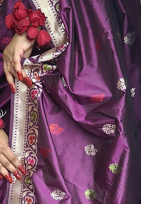 Deep Aubergine Kadwa Banarasi Saree in Pure Katan Silk with Zari, Meenakari & Kadwa Buta Border
