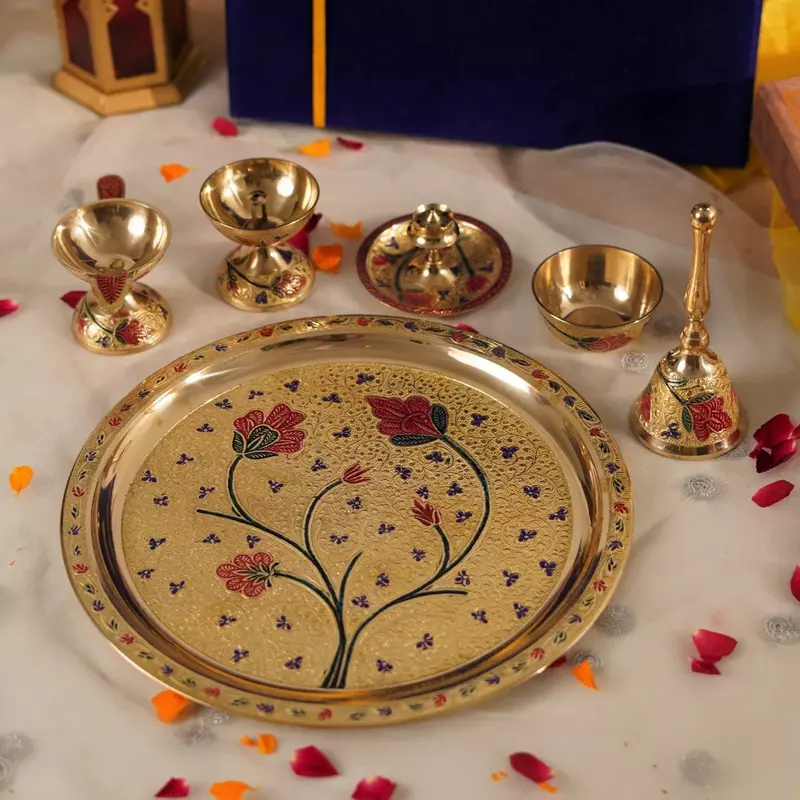 Designer Pooja Thali Set 10 Inch | Made of Pure Brass with Meenakari Work | 1.165 Kg