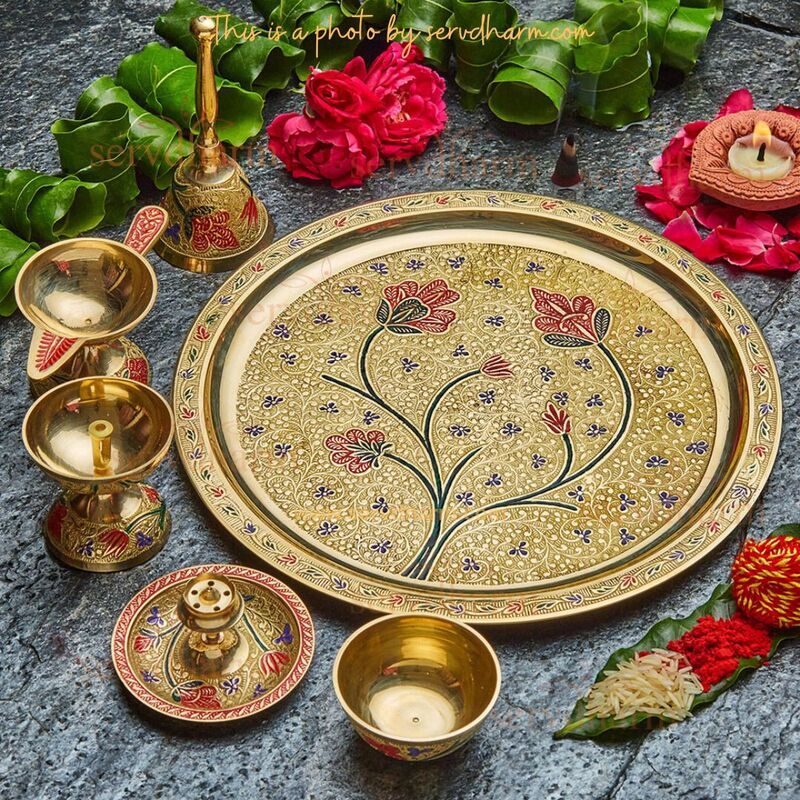 Designer Pooja Thali Set 10 Inch | Made of Pure Brass with Meenakari Work | 1.165 Kg