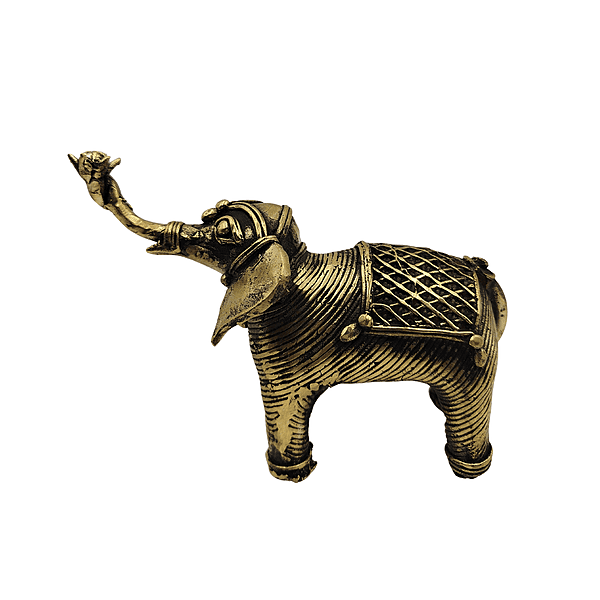 Dhokra Brass Elephant with Gold Lattice Saddle | Trunk Up Vastu Showpiece