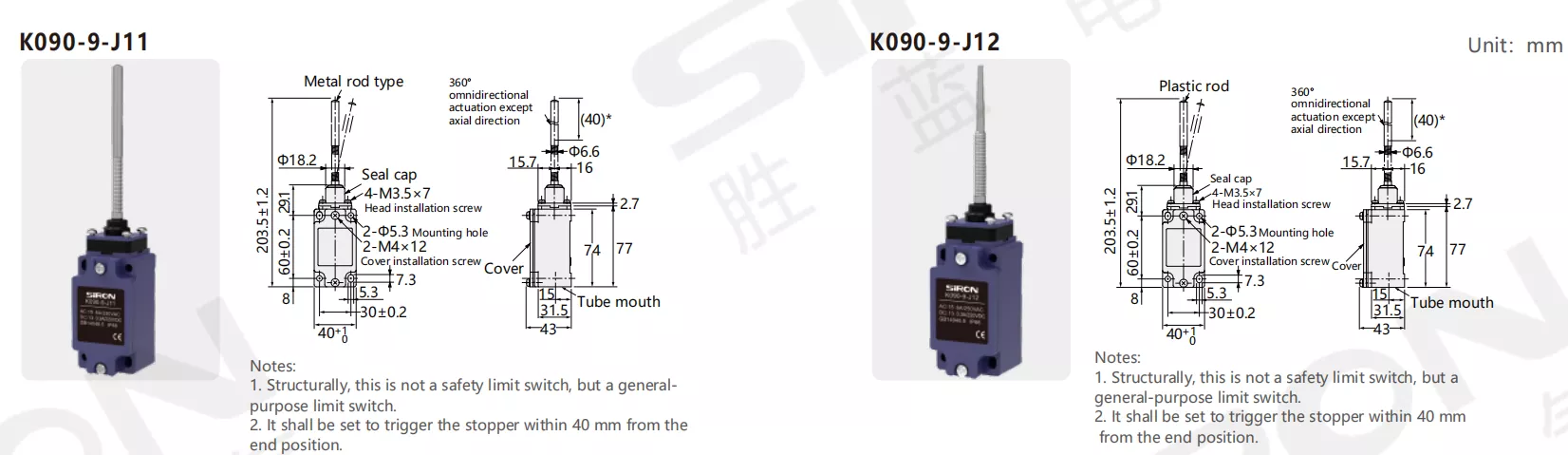 SiRON K090-9-J Series Vertical Limit Switch