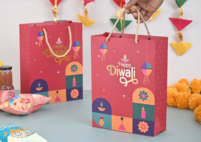 Premium Diwali festival paper gift bag with festive gold pattern