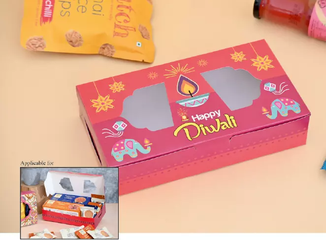 Premium Diwali gift packaging with clear window for sweets, chocolates, and return gifts (9x5x2).