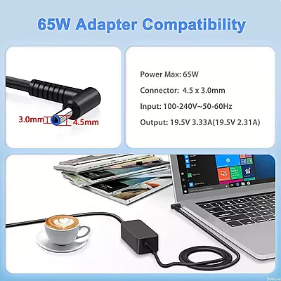 65W Laptop Adapter Compatible for HP Blue Pin (Power Cord Included)
