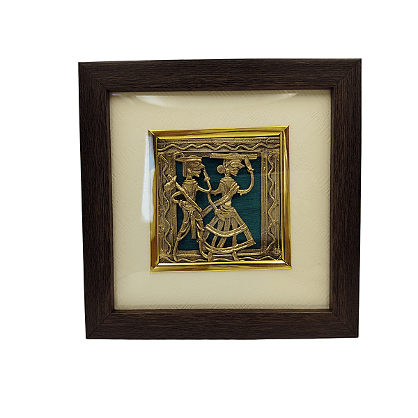 Dokra Dancing Couple Framed Brass Wall Art | Indian Tribal Handicraft