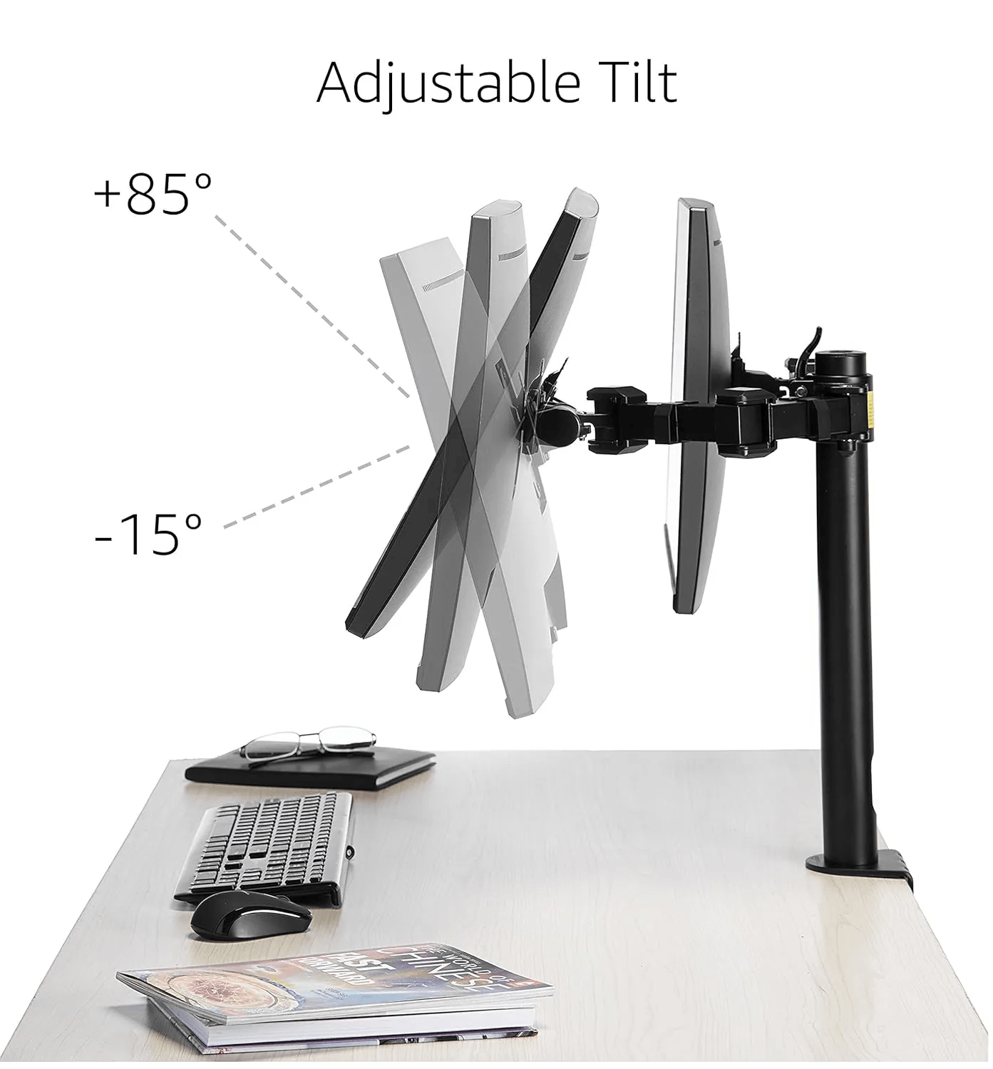 Dual Monitor LED Desk Stand Height-Adjustable Arm Mount with Horizontal Screw Clamp Heavy Duty Steel Construction Full Motion Swivel & Tilt