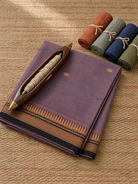 Dusty lavender Narayanpet cotton saree with small butta motifs and blue border