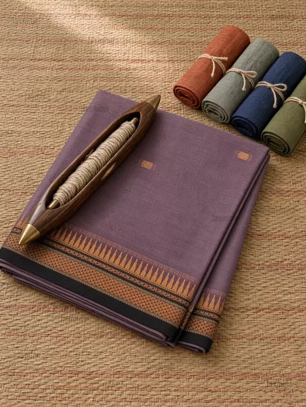 Dusty lavender Narayanpet cotton saree with small butta motifs and blue border