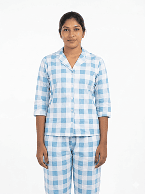 Women’s Blue & White Checked Cotton Suit Set | Soft Comfortable Loungewear