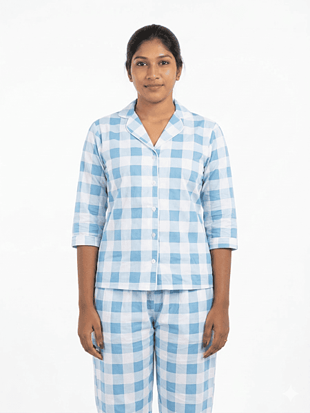 Women’s Blue & White Checked Cotton Suit Set | Soft Comfortable Loungewear