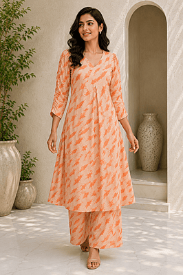 Women's Peach Abstract Print Calf-Length A-Line Co-Ord Set with Palazzo Pant Women's Peach Abstract Print Calf-Length A-Line Co-Ord Set with Palazzo Pant