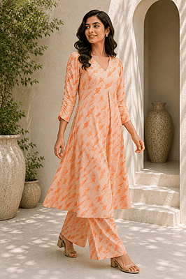 Women's Peach Abstract Print Calf-Length A-Line Co-Ord Set with Palazzo Pant Women's Peach Abstract Print Calf-Length A-Line Co-Ord Set with Palazzo Pant