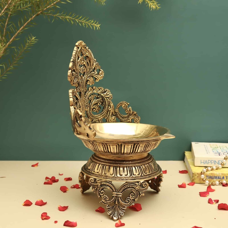 Brass Designer Diya Urli Decorative Bowl Lamp - 11.5 inch Height | Ornate Brass Urli Decorative Bowl Lamp with Intricate Design for Festive Illumination