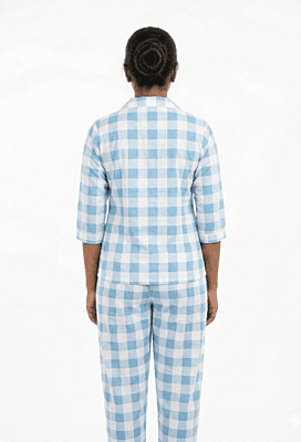 Women’s Blue & White Checked Cotton Suit Set | Soft Comfortable Loungewear