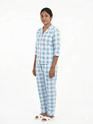 Women’s Blue & White Checked Cotton Suit Set | Soft Comfortable Loungewear