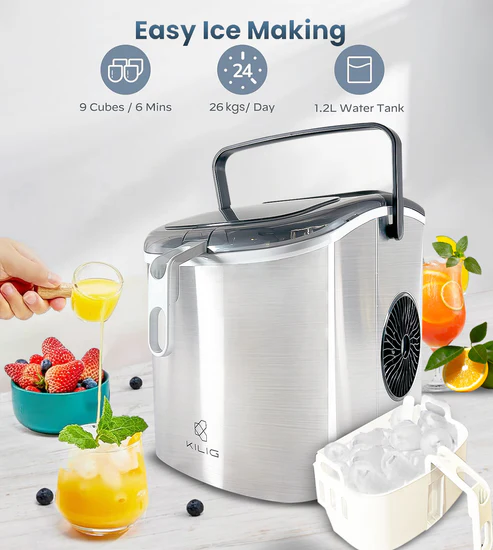 Kilig H01S Stainless Steel Ice Maker Machine 6 Mins 9 Bullet Ice, Ice Maker for Kilig Home-Kitchen-Office-Party And Camping & Bars Kilig H01S Stainless Steel Ice Maker Machine 6 Mins 9 Bullet Ice, Ice Maker for Kilig Home-Kitchen-Office-Party And Camping & Bars