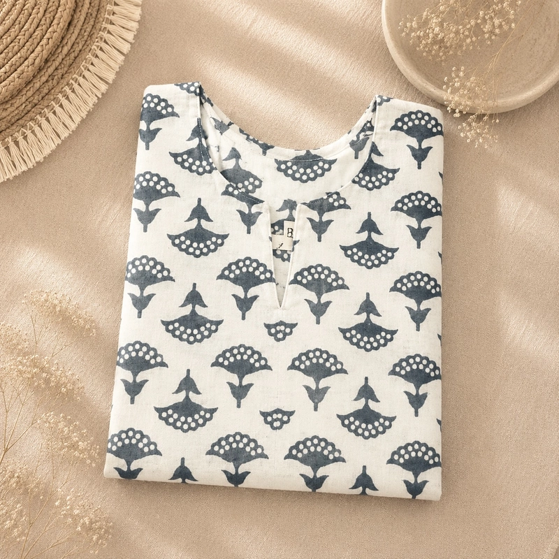 Grey Dabu Block Printed Short Kurti