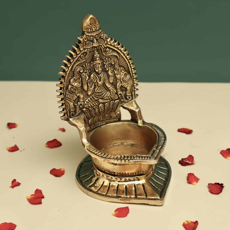 Brass Gaja Lakshmi Deepam/Lamp - 5.8 inch Height | Divine Brass Deepam/Lamp with Gaja Lakshmi Design for Auspicious Lighting