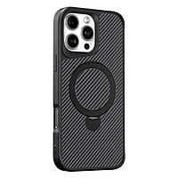 For iPhone 17 Carbon Fiber Texture 360 MagSafe Holder Phone Case