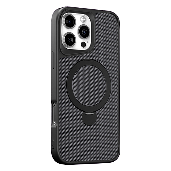 For iPhone 17 Carbon Fiber Texture 360 MagSafe Holder Phone Case