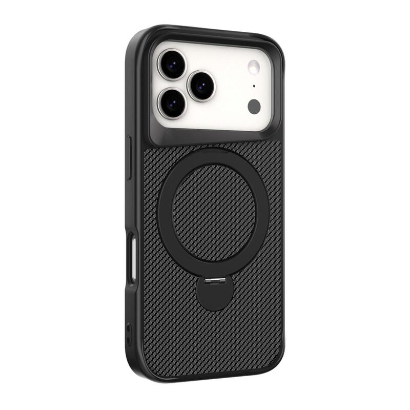 For iPhone 17 Pro Max Carbon Fiber Texture 360 MagSafe Holder Premium Phone Case