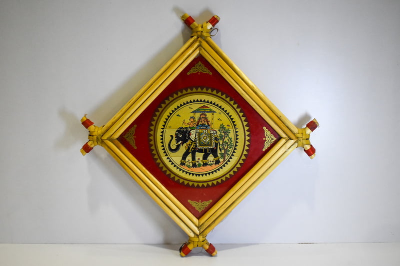 Handpainted Patachitra Tribal paint of King Riding an Elephant || Palm Leaf Painting Framed with Cane Stick || home decor || gift