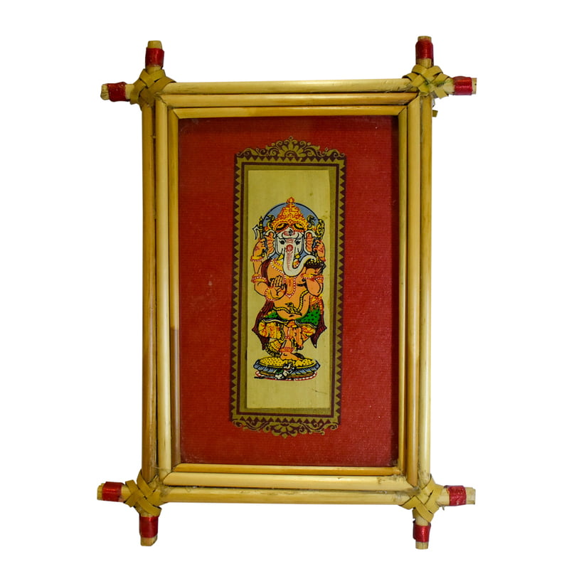 Handpainted Patachitra Tribal paint of Lord Ganesh || Palm Leaf Painting Framed with Cane Stick || home decor || gift