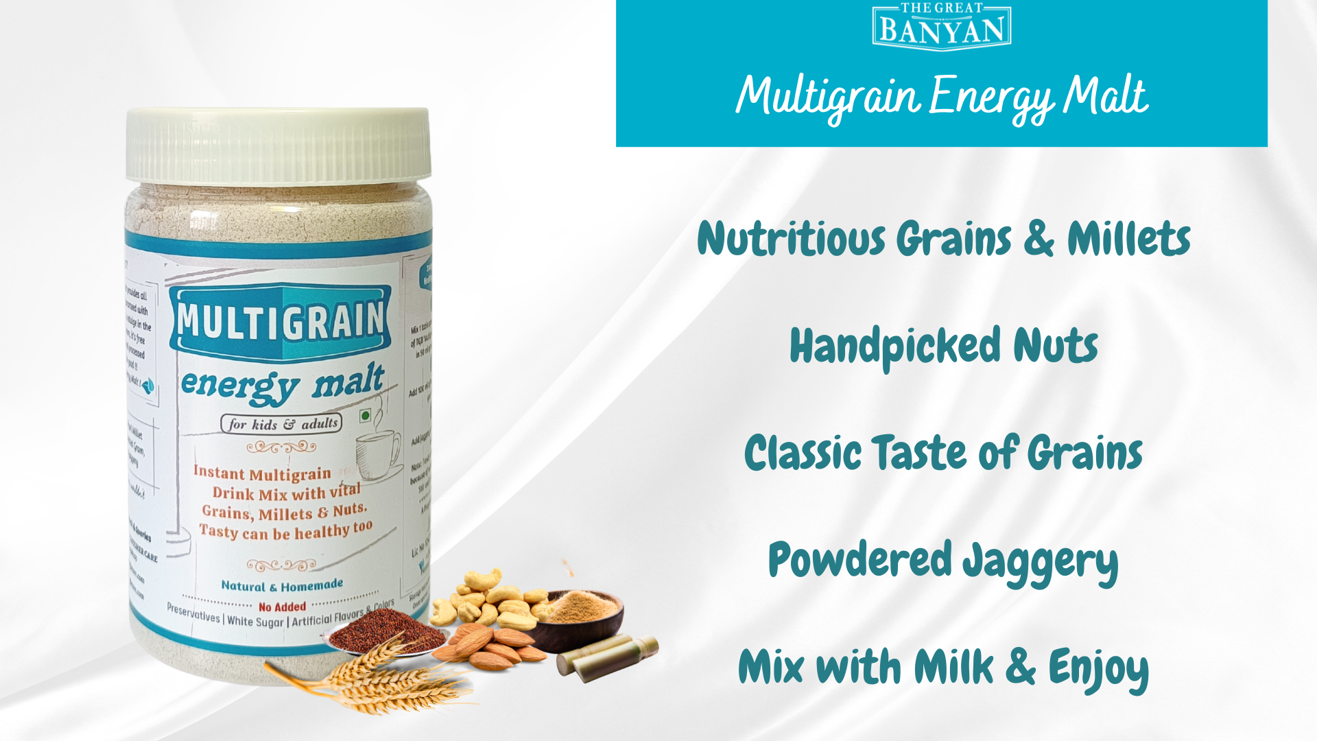 The Great Banyan Multigrain Energy Malt 300g | Instant Natural Milk Mix for Kids & Adults | Made with Millets, Nuts
