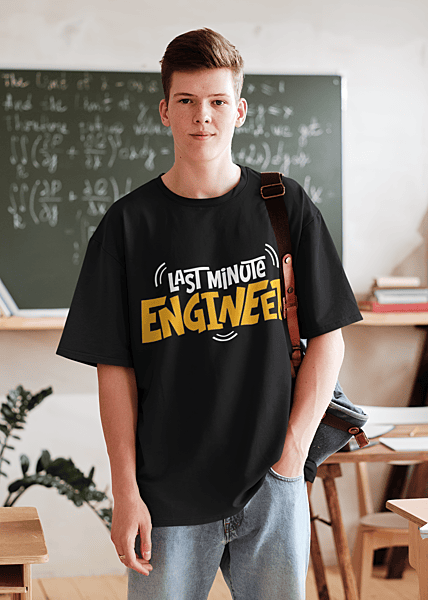 Black printed oversized t-shirt featuring Last minute Engineer