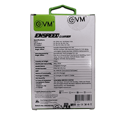 EVM Charger EVM-QC+PD P22 – Quick Charge & Power Delivery | Fast Charging | Compact Design