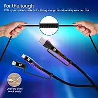 Portronics Konnect J8 3-in-1 (USB A + Type C to 8 Pin + Type C) Fast Charging Cable with 60W Max Output, Nylon Braided, For Android Smartphone, Ios And Type C Usb Devices, 1.2M Length(Black)