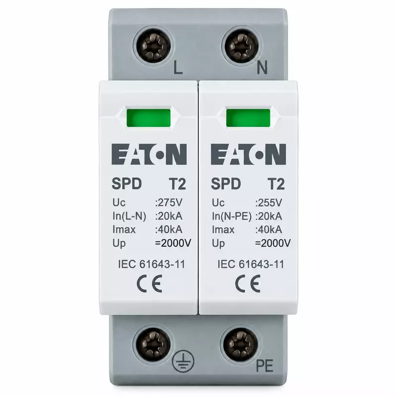 Eaton Type 2AC SPD – 1 Phase 2-Pole | 20kA In, 40kA Imax, 275V/255V Uc
