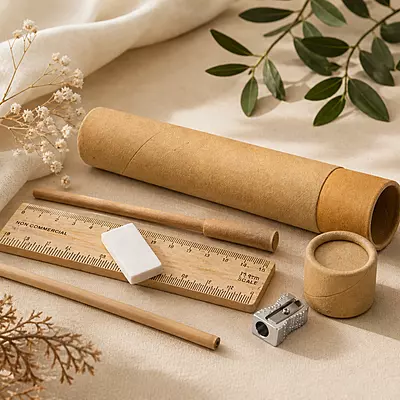 eco stationery kit with kraft pen brown pencil wooden scale sharpener and eraser