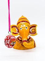 Handcrafted Indian Car Dashboard Ganesh Figurine with Jagannath Hanging Ornament on Beetle nut, multicolored