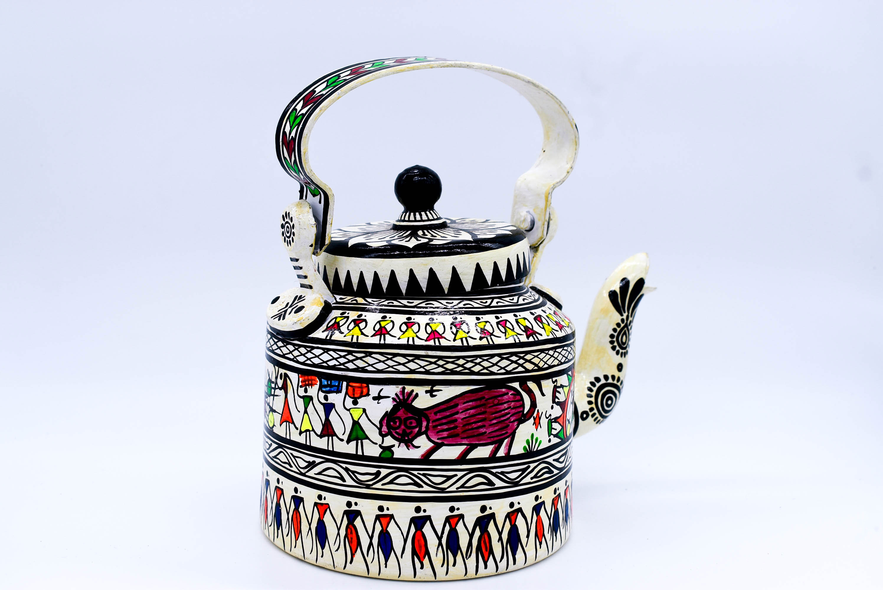 attachitra Hand-Painted Tea Kettle, Traditional Indian Folk Art Design, Multicoloured Aluminium