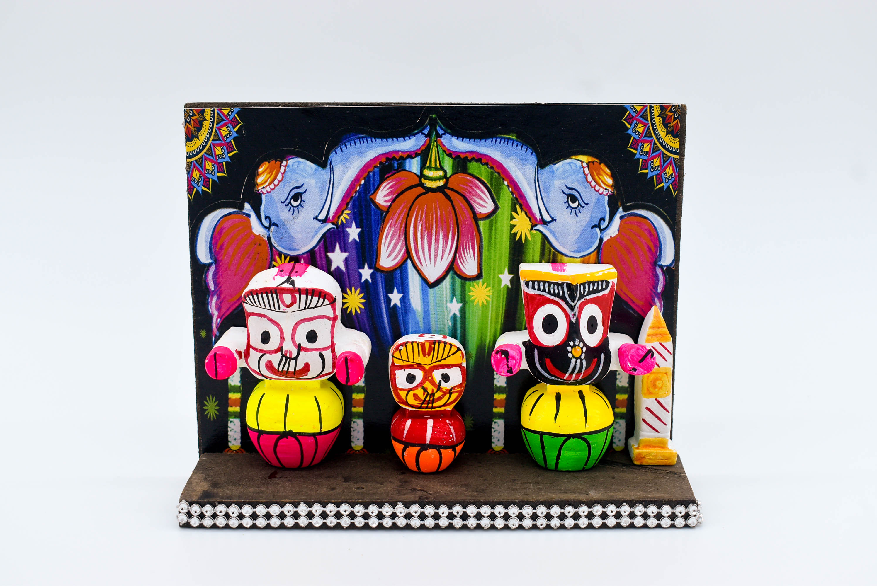 Lord Jagannath Wooden Car Dashboard Idol with Painted Betel Nut, 14 cm x 4 cm x 10.5 cm, Colourful Traditional Design