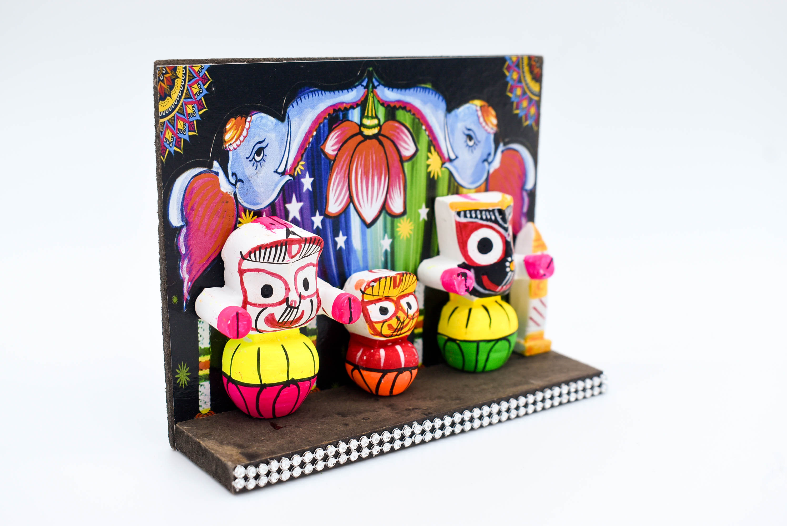 Lord Jagannath Wooden Car Dashboard Idol with Painted Betel Nut, 14 cm x 4 cm x 10.5 cm, Colourful Traditional Design