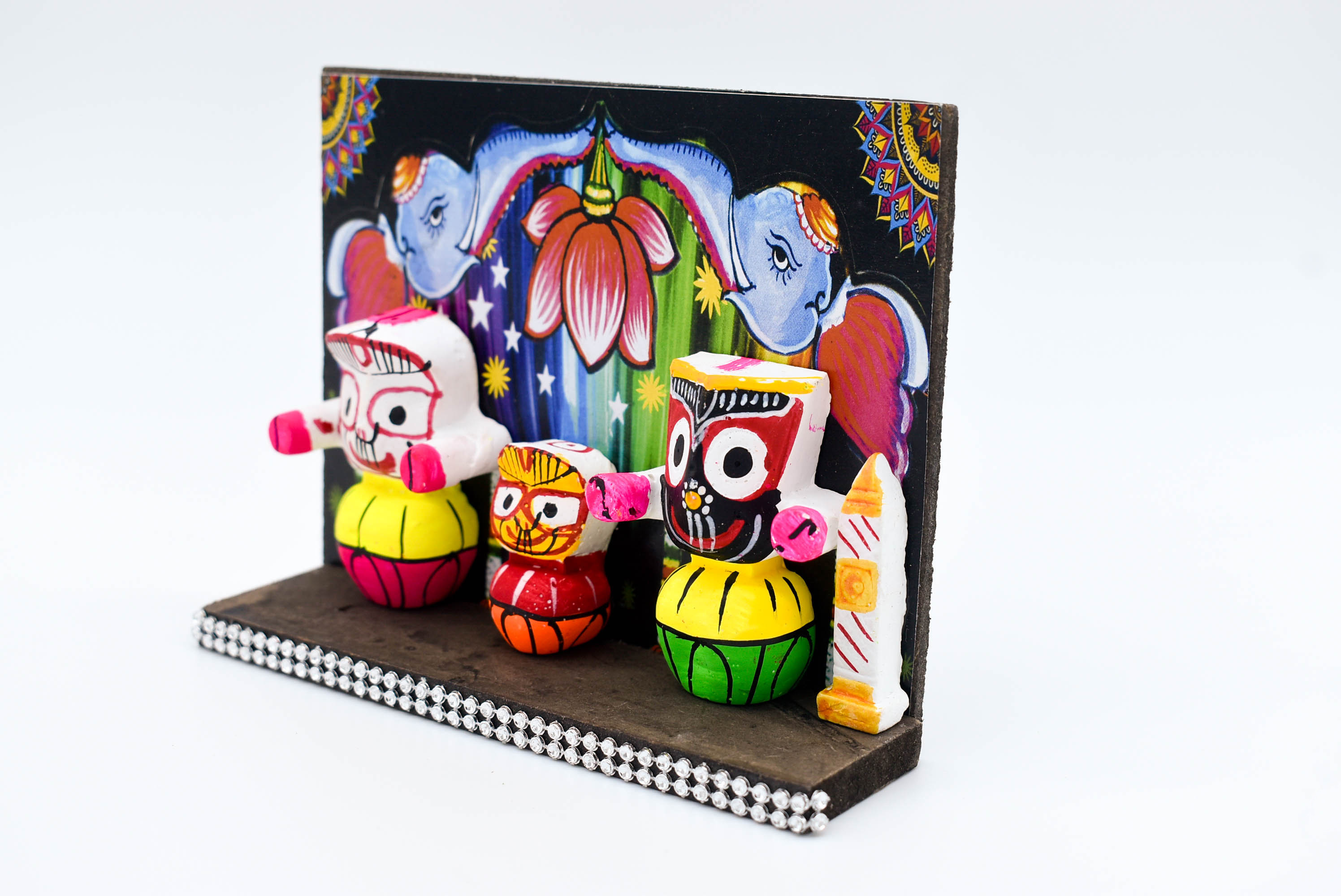 Lord Jagannath Wooden Car Dashboard Idol with Painted Betel Nut, 14 cm x 4 cm x 10.5 cm, Colourful Traditional Design
