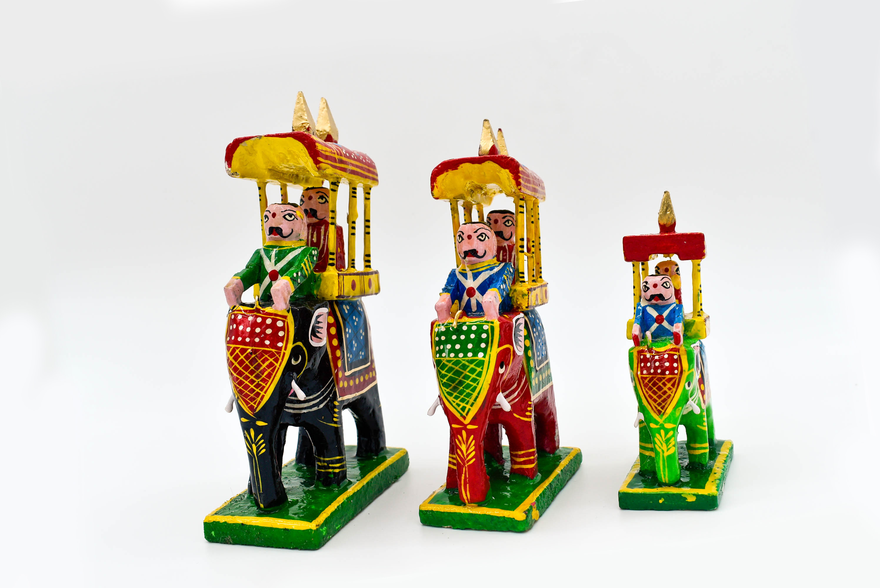 Handcrafted Wooden Maharaja on Elephant Figurines, Traditional Pattachitra Art, Set of 3, Multicolour