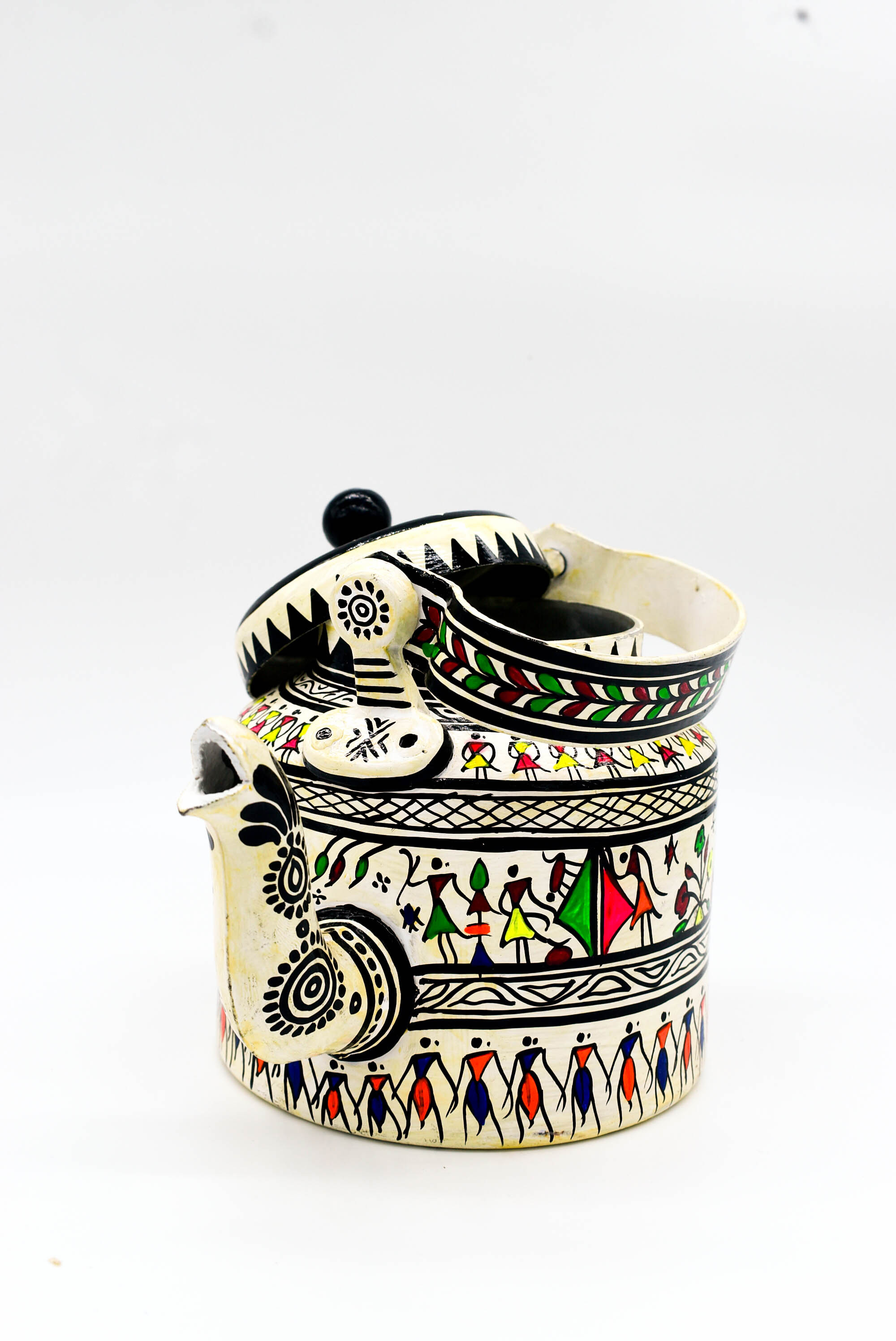 attachitra Hand-Painted Tea Kettle, Traditional Indian Folk Art Design, Multicoloured Aluminium