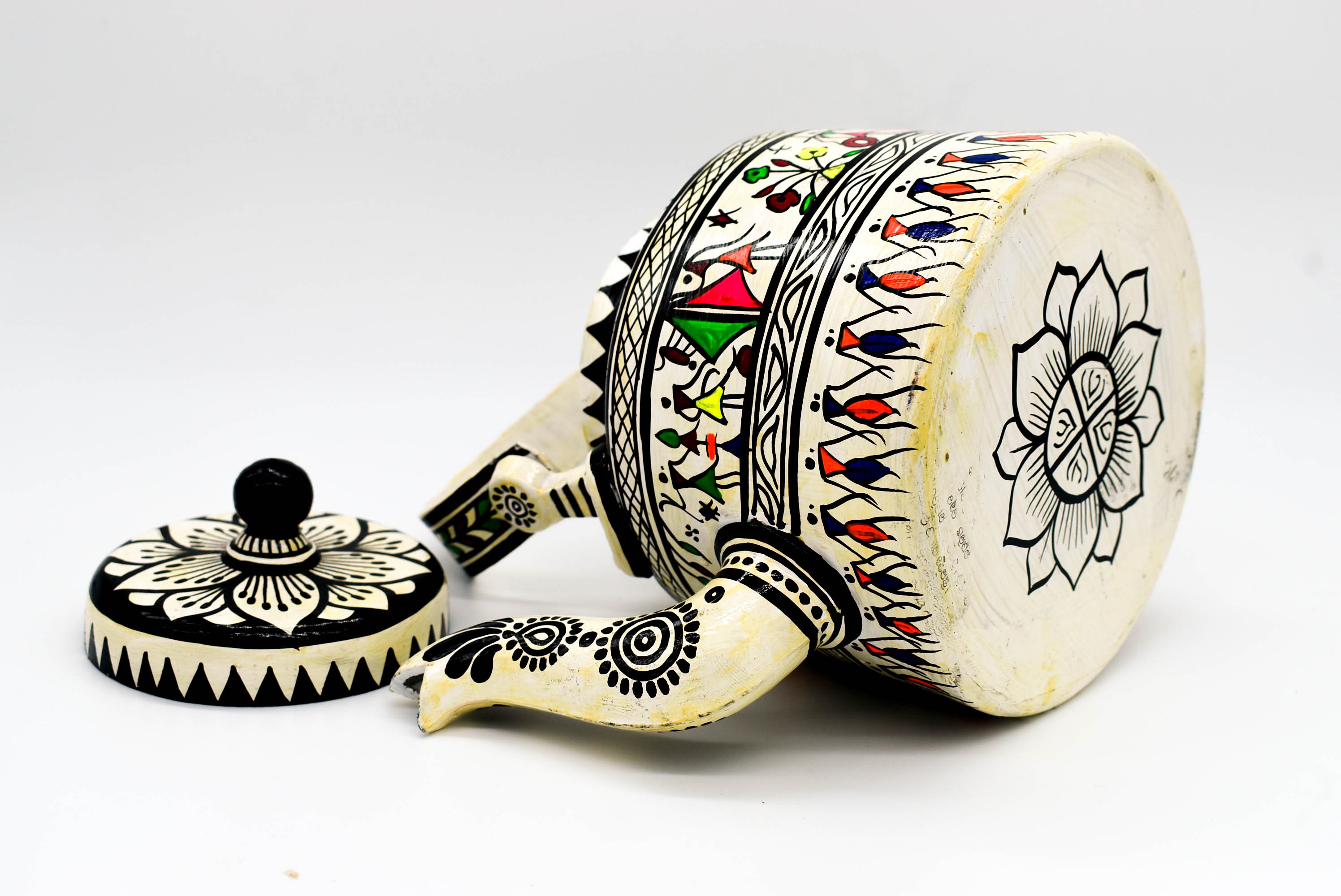 attachitra Hand-Painted Tea Kettle, Traditional Indian Folk Art Design, Multicoloured Aluminium