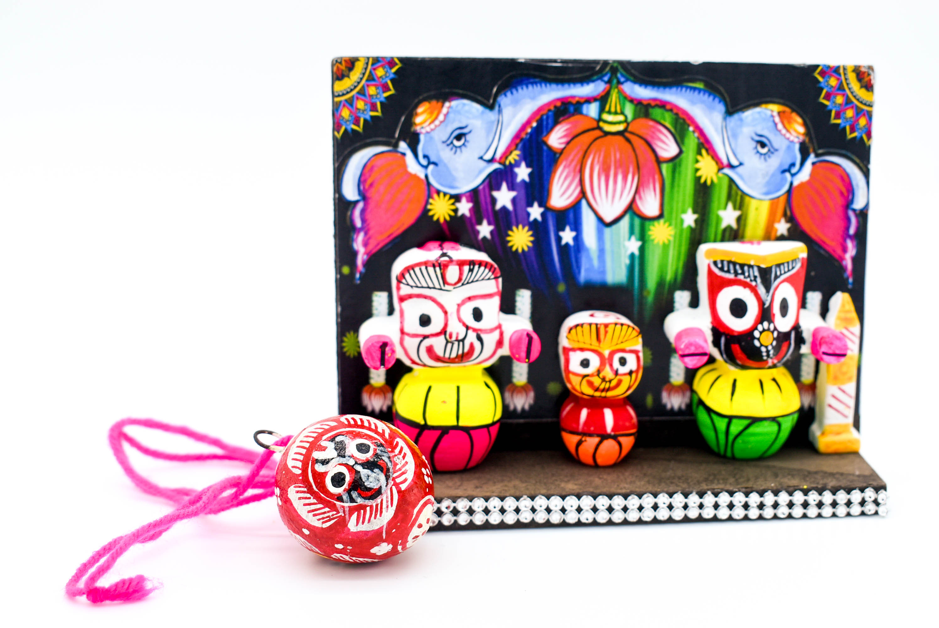 Lord Jagannath Wooden Car Dashboard Idol with Painted Betel Nut, 14 cm x 4 cm x 10.5 cm, Colourful Traditional Design