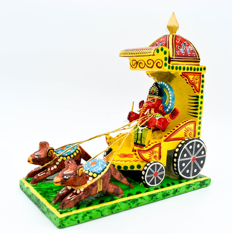 Traditional Handpainted Lord Ganesh Chariot Statue, 17.5 cm Height, Wooden Art Decor