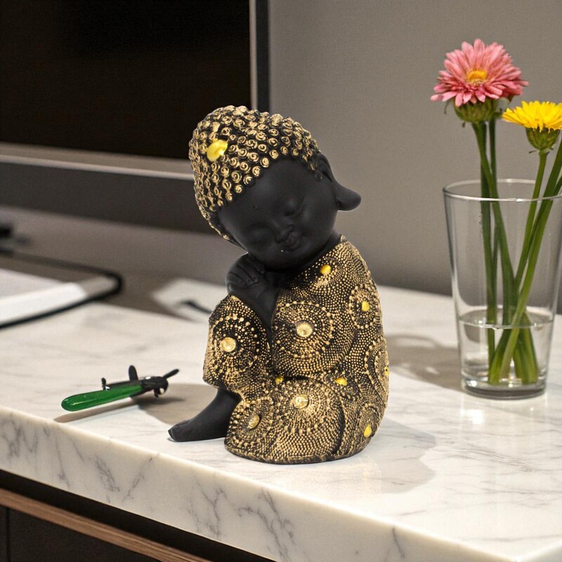 Baby Monk Buddha Showpiece for Home Decor (Golden & Black) Marble – 8 inch