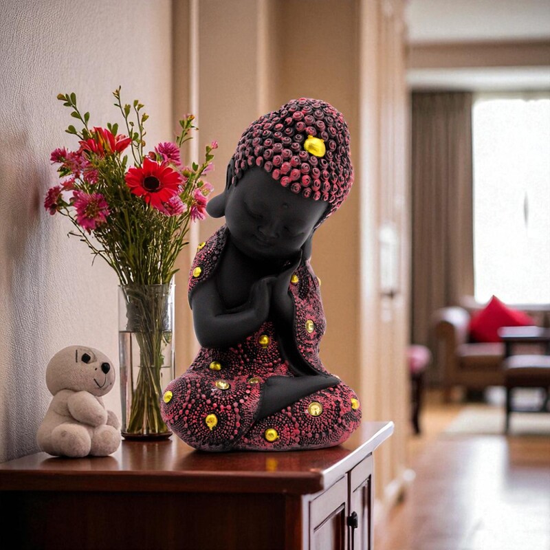 Baby Monk Buddha Showpiece for Home Decor (Black & Pink) Polyresin – 21 cm